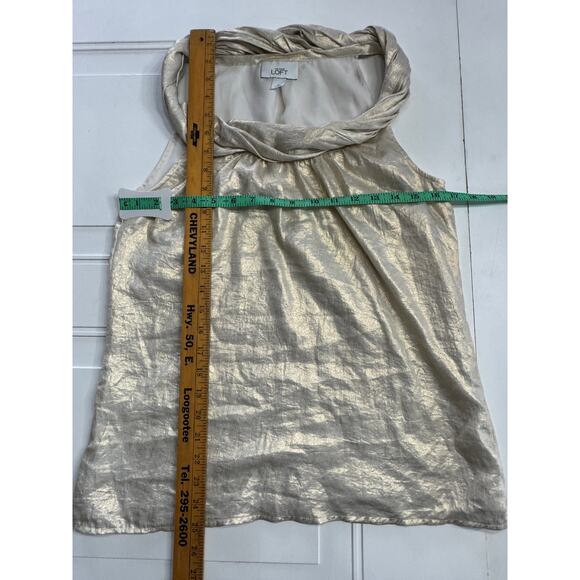 LOFT Blouse Top Womens Size S Small Sleeveless Shiny Gold Pullover Neck Ruffle - Picture 5 of 6